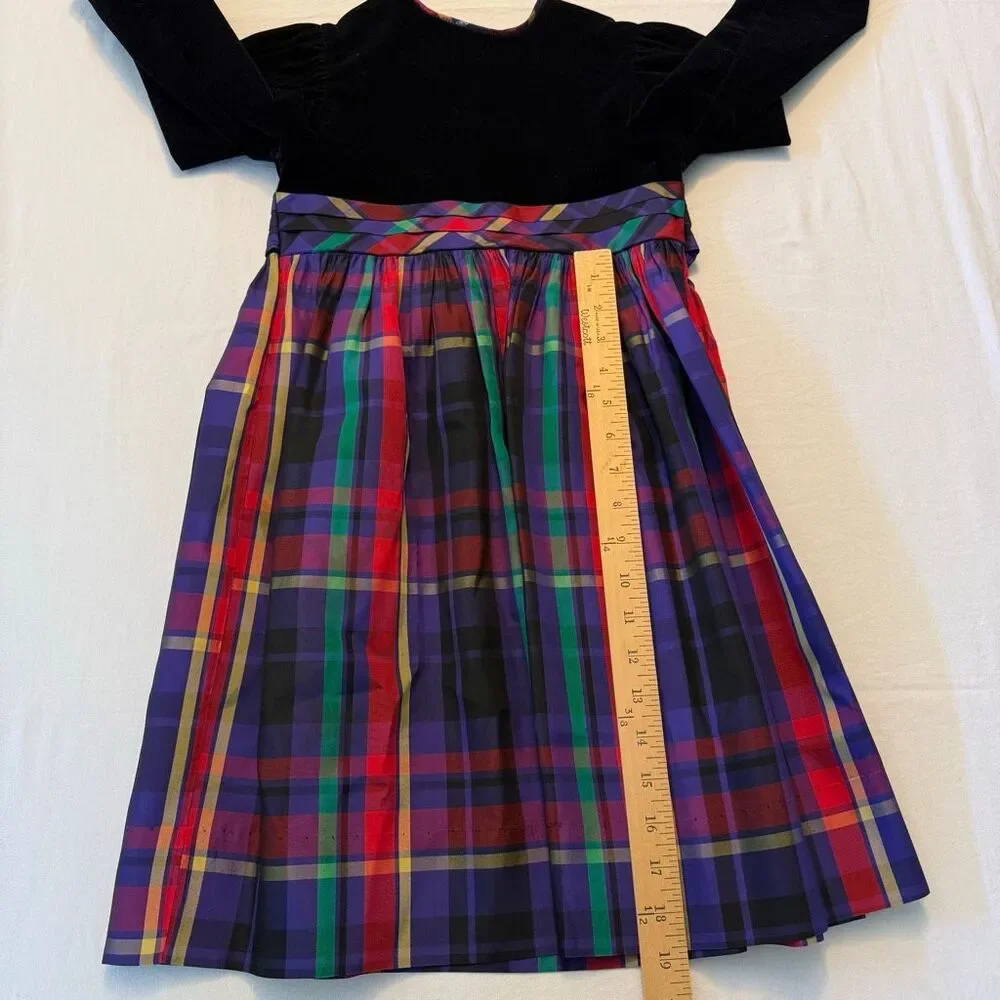Vintage Polly Flinders | Velvet & Plaid Holiday Dress | Gold Button Back | Girls
